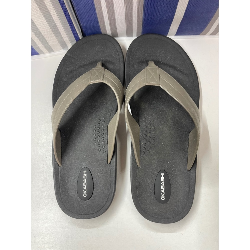 Okabashi Mariner Mens Flip Flops Black Grey Thong Sandals Size 10 Made in USA